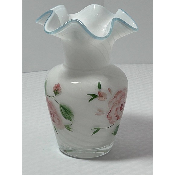 Fenton | Accents | Lovely Fenton Hand Painted White Swirl  Fenton White Swirl Aqua-Blue Ruffled Edge Hand‎ Painted Roses Vase